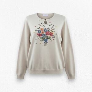 Vintage 90s Floral Embroidered Sweater Cottagecore Nature Knit Size Medium